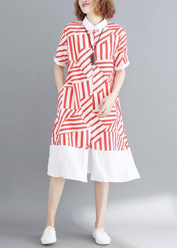 Vivid red striped tunic shirt dress lapel Button Down daily summer Dress - SooLinen