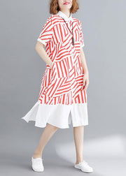 Vivid red striped tunic shirt dress lapel Button Down daily summer Dress - SooLinen