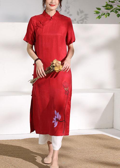 Vivid stand collar Chinese Button tunic dress Fabrics red print Maxi Dresses - SooLinen