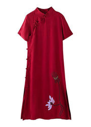 Vivid stand collar Chinese Button tunic dress Fabrics red print Maxi Dresses - SooLinen