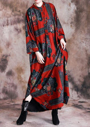 Vivid stand collar cotton Tunics Work Outfits red print Maxi Dress fall - SooLinen