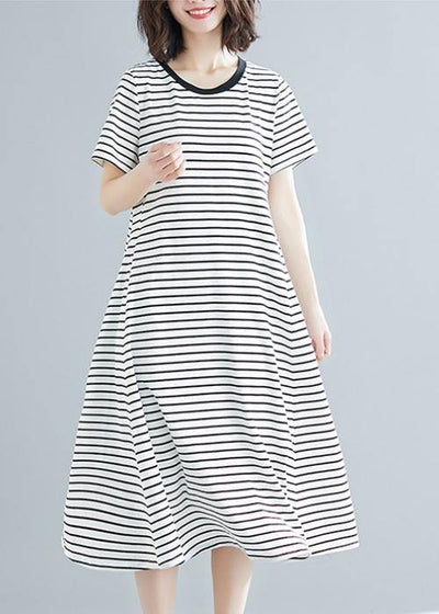 Vivid striped cotton Long Shirts o neck asymmetric Dresses - SooLinen
