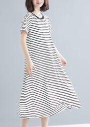 Vivid striped cotton Long Shirts o neck asymmetric Dresses - SooLinen