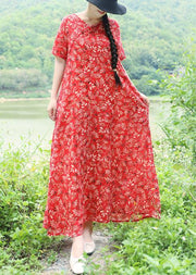 Vivid v neck linen Long Shirts Catwalk red print Maxi Dresses summer - SooLinen