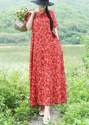 Vivid v neck linen Long Shirts Catwalk red print Maxi Dresses summer - SooLinen
