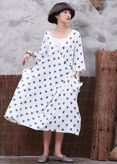 Vivid v neck linen cotton Soft Surroundings linen white prints Dresses summer - SooLinen