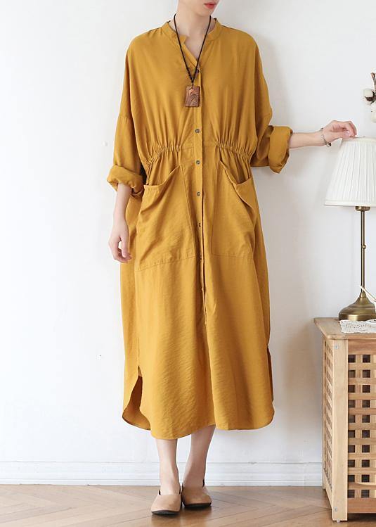 Vivid v neck pockets cotton spring tunic dress Sewing yellow Kaftan Dress - SooLinen