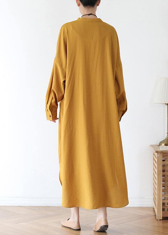 Vivid v neck pockets cotton spring tunic dress Sewing yellow Kaftan Dress - SooLinen