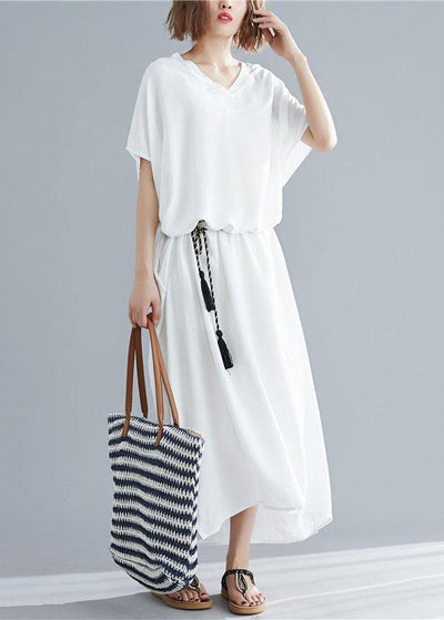 Vivid v neck pockets linen summer Robes Shape white Dresses - SooLinen