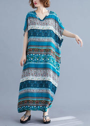Vivid v neck short sleeve cotton quilting clothes blue print Maxi Dresses - SooLinen