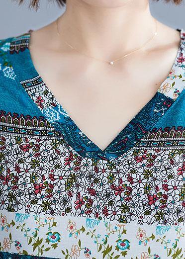 Vivid v neck short sleeve cotton quilting clothes blue print Maxi Dresses - SooLinen