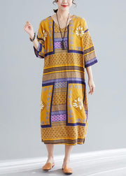 Vivid v neck side open cotton quilting dresses Tutorials yellow print long Dresses summer - SooLinen