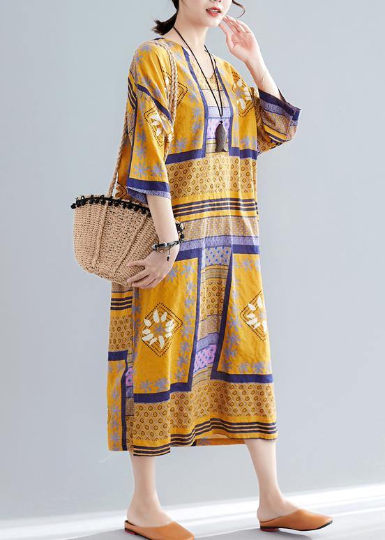 Vivid v neck side open cotton quilting dresses Tutorials yellow print long Dresses summer - SooLinen