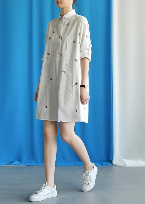 Vivid white Cotton quilting clothes embroidery loose fall Dress - SooLinen
