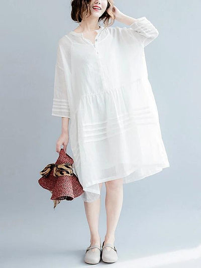 Vivid white Cotton tunic dress v neck half sleeve short Dresses - SooLinen