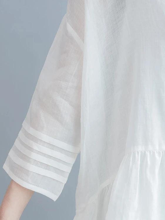Vivid white Cotton tunic dress v neck half sleeve short Dresses - SooLinen