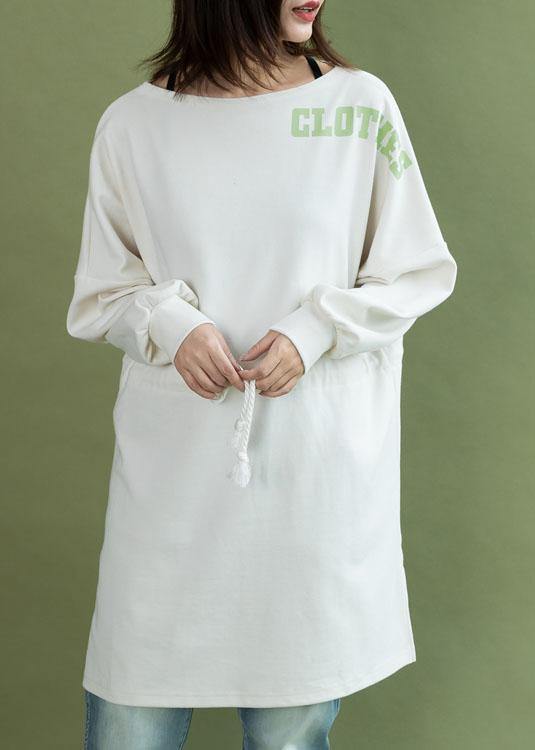Vivid white Cotton tunic top drawstring side open baggy fall Dress - SooLinen