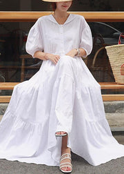 Vivid white linen clothes For Women Peter pan Collar Ruffles long Dress - SooLinen