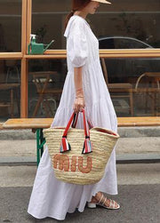 Vivid white linen clothes For Women Peter pan Collar Ruffles long Dress - SooLinen