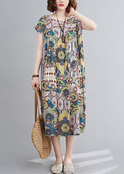 Vivid yellow print outfit o neck Cinched baggy summer Dress - SooLinen