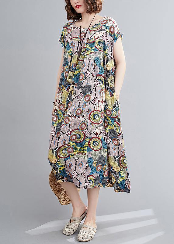 Vivid yellow print outfit o neck Cinched baggy summer Dress - SooLinen