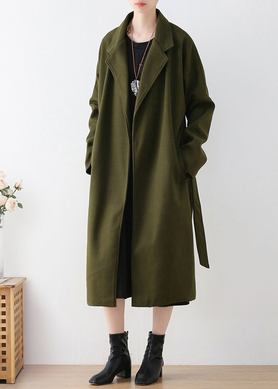 Vogue Army Green Notched Tie Waist Woolen Trench Coats Winter