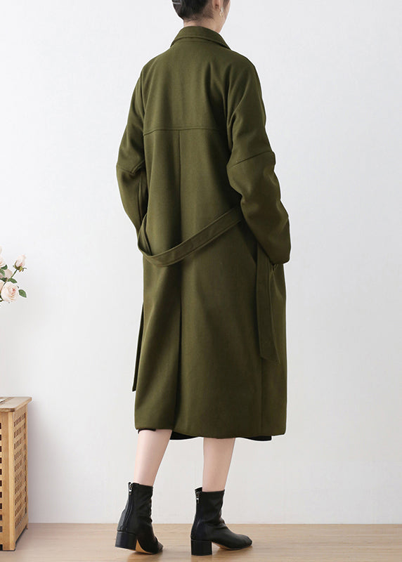 Vogue Army Green Notched Tie Waist Woolen Trench Coats Winter