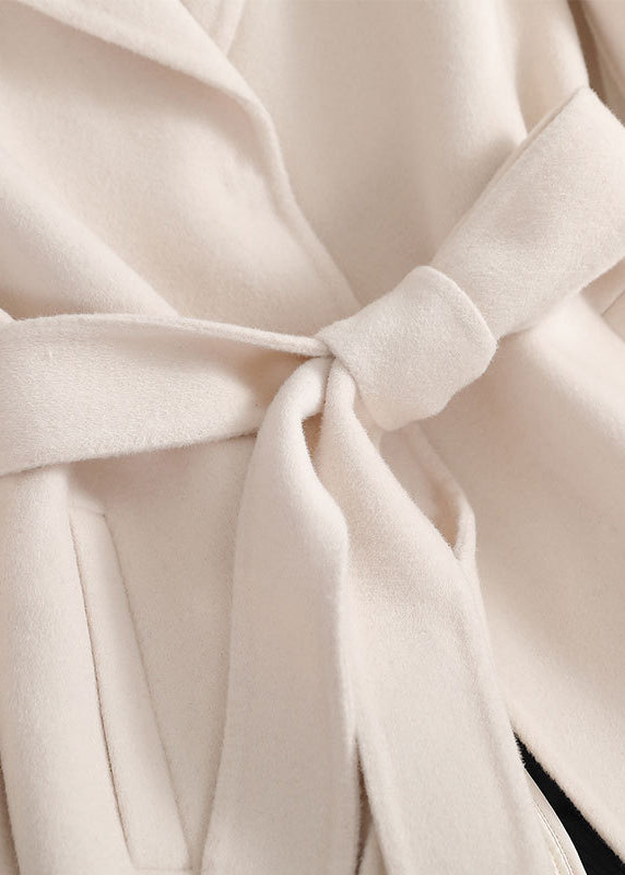 Vogue Beige Notched Tie Waist Woolen Long Coats Fall