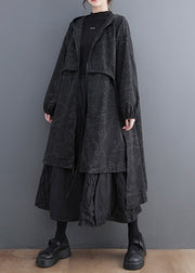 Vogue Black Asymmetrical Patchwork Print Zippered Tie Waist Hoodie Trench Coat Fall