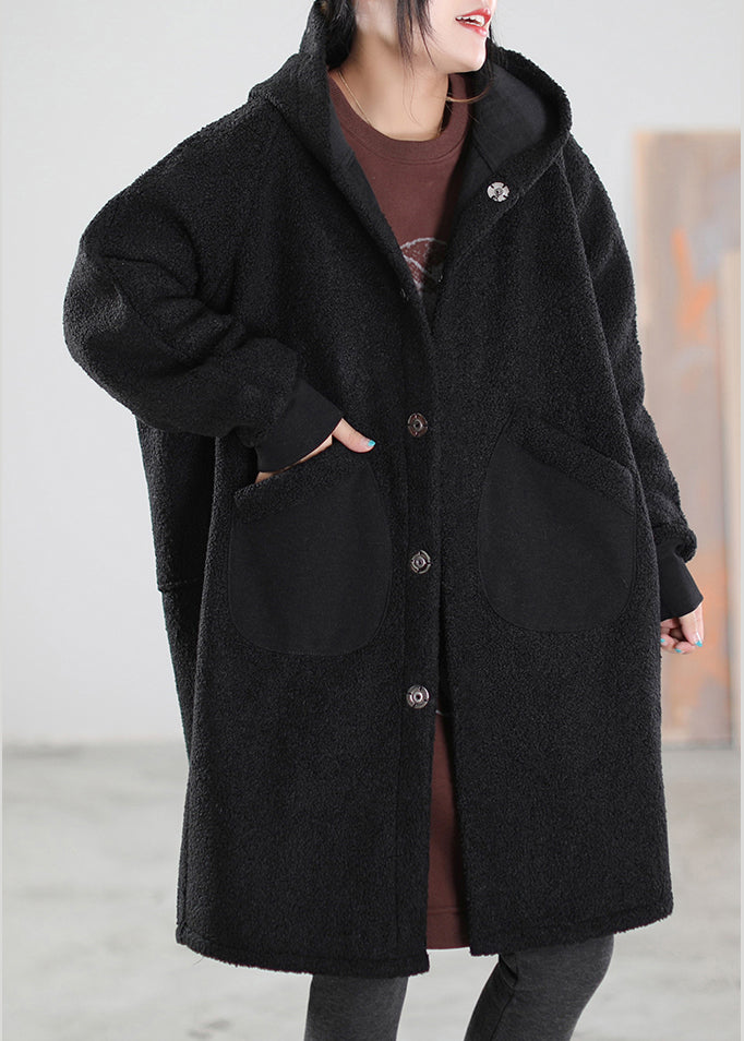 Vogue Black Button Pockets Hooded Woolen Coats Winter