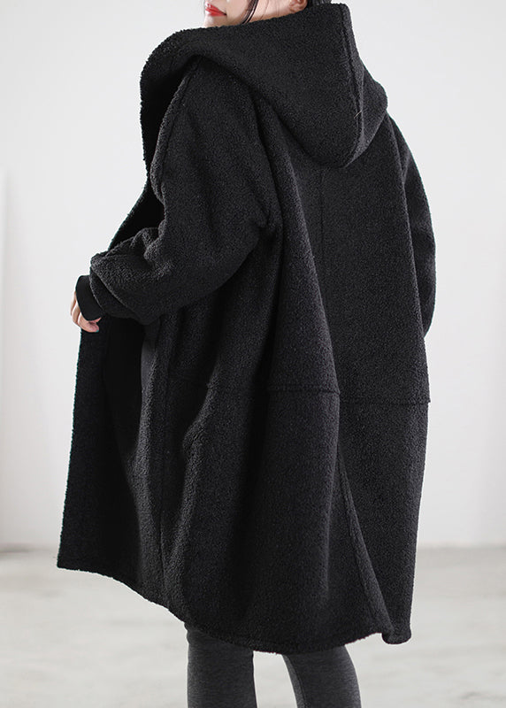 Vogue Black Button Pockets Hooded Woolen Coats Winter