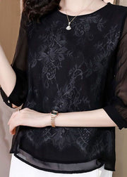 Vogue Black Embroidered Lace Patchwork Silk Tops Bracelet Sleeve