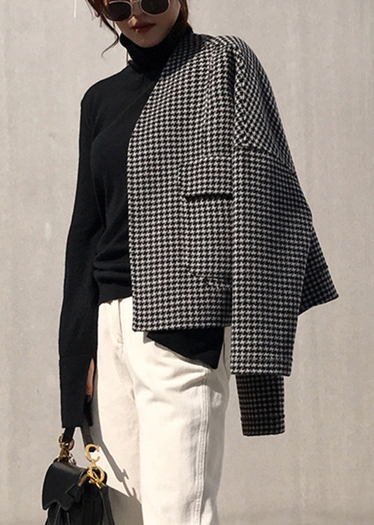 Vogue Black Notched Plaid Pockets Cashmere Coat Long Sleeve