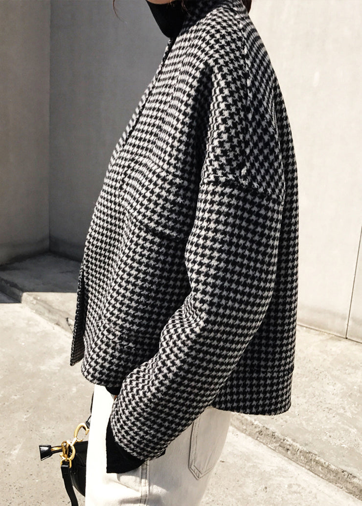 Vogue Black Notched Plaid Pockets Cashmere Coat Long Sleeve