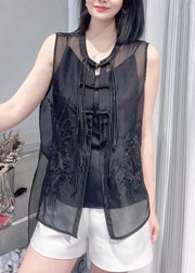Vogue Black O-Neck Embroidered Button Silk Waistcoat Summer