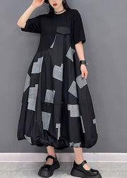 Vogue Black O-Neck Print Patchwork Long Dress Short Sleeve