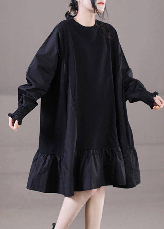 Vogue Black O-Neck Ruffles Patchwork Mid Dresses Long Sleeve
