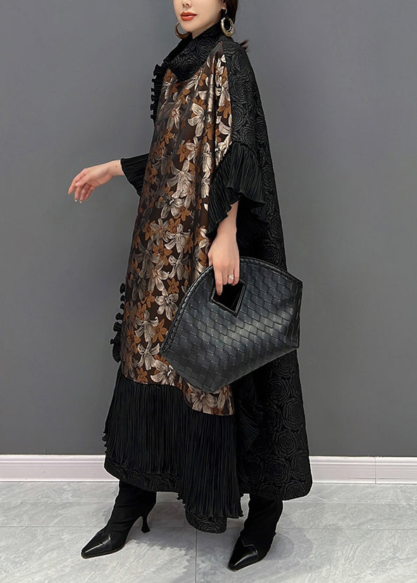 Vogue Black O-Neck Ruffles Print Long Dresses Batwing Sleeve