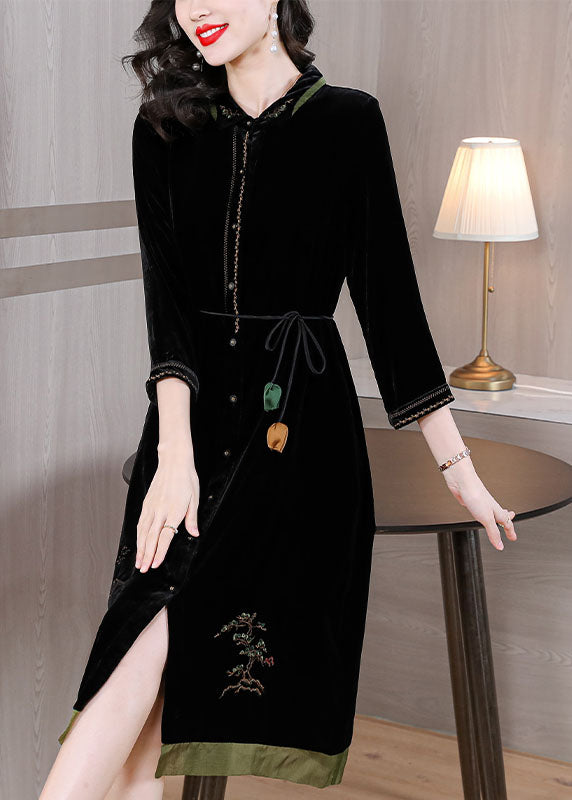 Vogue Black Peter Pan Collar Embroidered Tie Waist Silk Velour Vacation Dresses Fall