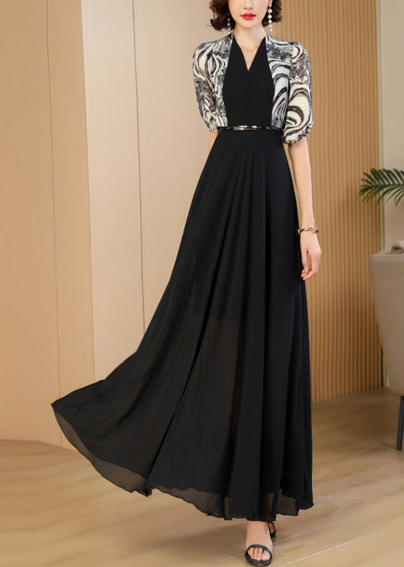 Vogue Black Print Patchwork High Waist Sashes Chiffon Maxi Dress Summer