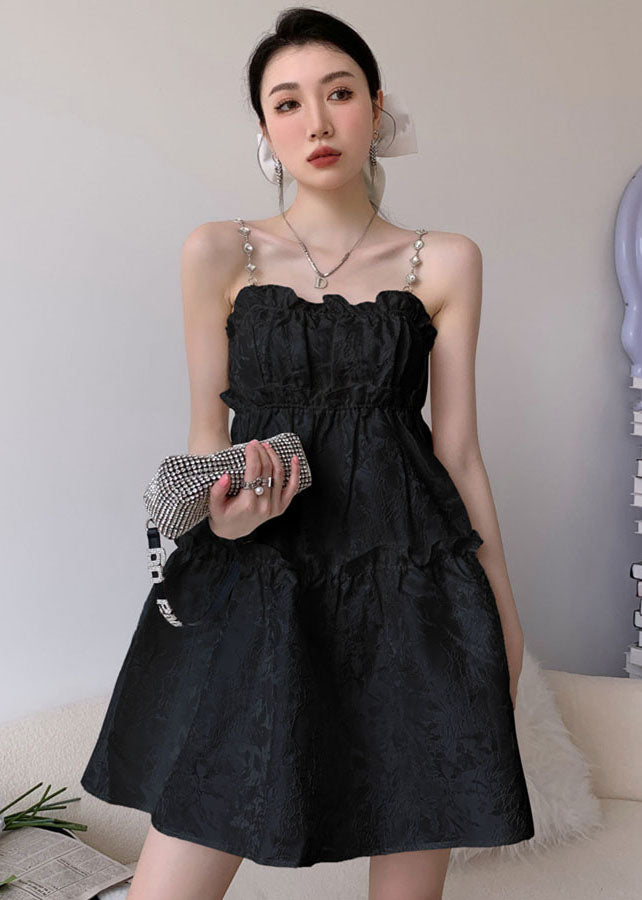 Vogue Black Ruffled Jacquard Cotton Spaghetti Strap Dress Summer