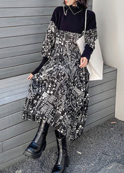 Vogue Black Stand Collar Knit Patchwork Print Maxi Dresses Winter