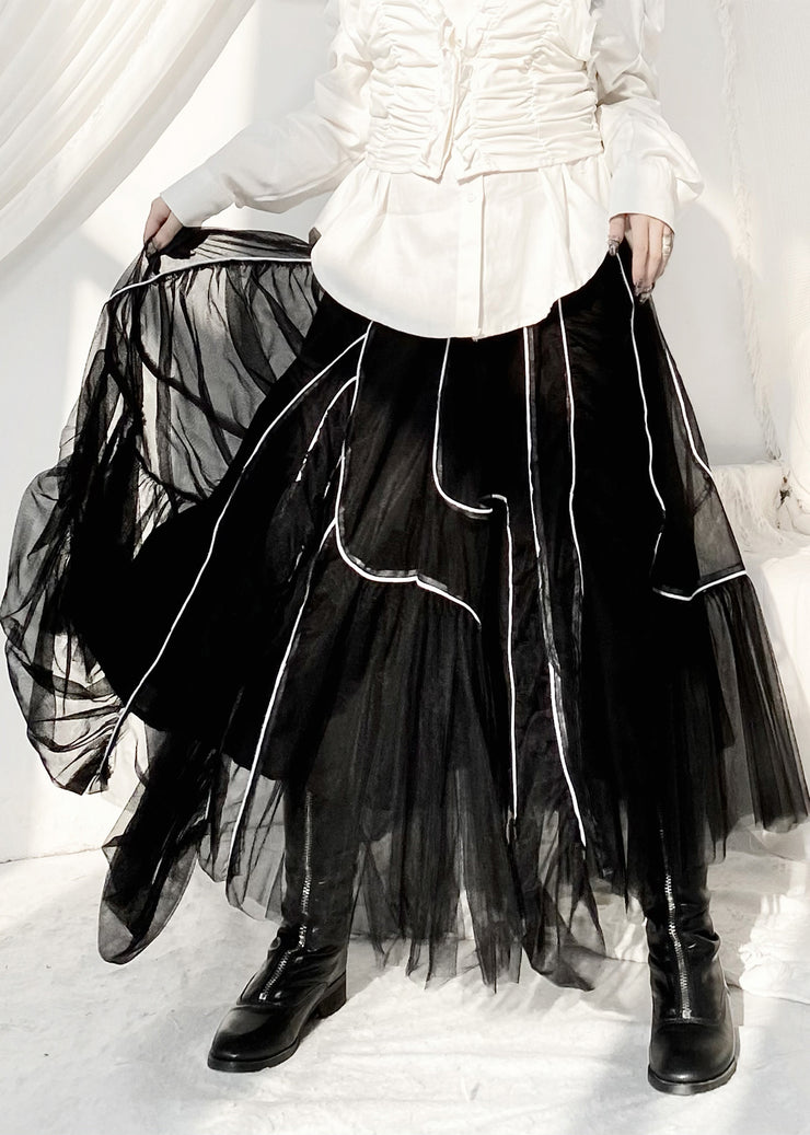 Vogue Black Striped Patchwork Elastic Waist Tulle Skirt Summer