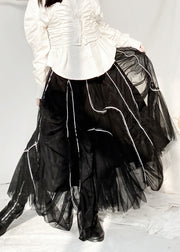 Vogue Black Striped Patchwork Elastic Waist Tulle Skirt Summer