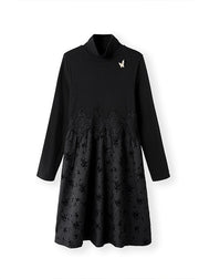 Vogue Black Turtleneck Lace Patchwork Maxi Dress Fall