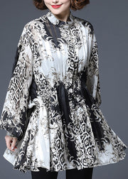 Vogue Black White Print Elastic Waist Wrinkled Chiffon Tops Lantern Sleeve