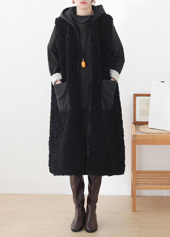 Vogue Black Zippered Thick Woolen Hoodies Waistcoat Sleeveless