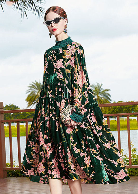 Vogue Blackish Green Turtleneck Print Wrinkled Silk Velour Maxi Dress Fall