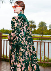 Vogue Blackish Green Turtleneck Print Wrinkled Silk Velour Maxi Dress Fall