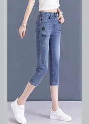 Vogue Blue Embroidered Button Crop Jeans